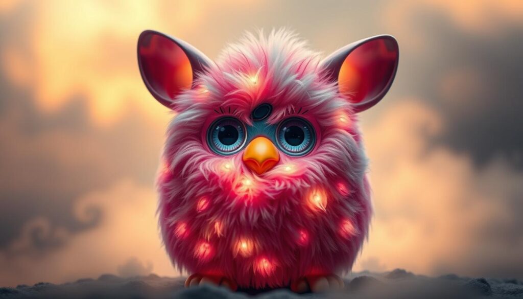 A detailed, whimsical Furby toy in a thoughtful, mystical composition. The furry, round Furby figure stands prominently in the foreground, its large eyes and expressive face conveying a sense of wonder and introspection. Soft, diffused lighting illuminates the Furby's colorful, textured fur, creating a mesmerizing, almost ethereal glow. The background is a dreamy, ethereal landscape, with misty, swirling clouds and a subtle, otherworldly ambiance, suggesting the Furby's deeper meaning and significance beyond its playful exterior. The overall mood is one of contemplation, mystery, and the notion that this beloved toy harbors hidden depths and a profound, almost spiritual quality.